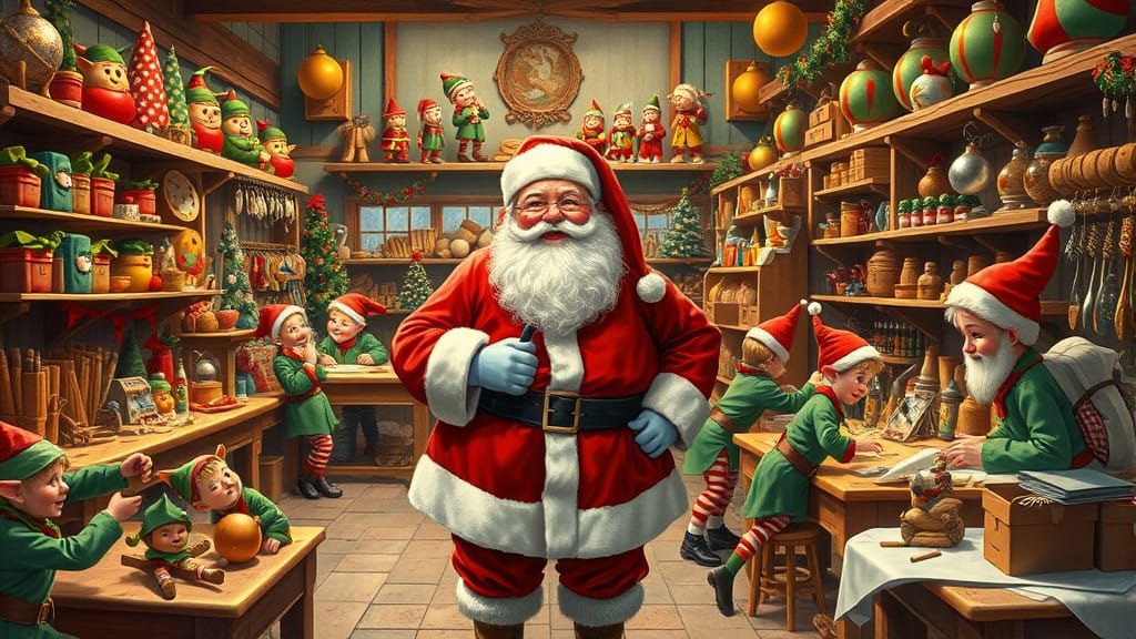 Jolly Santa Amidst a Whimsical Workshop