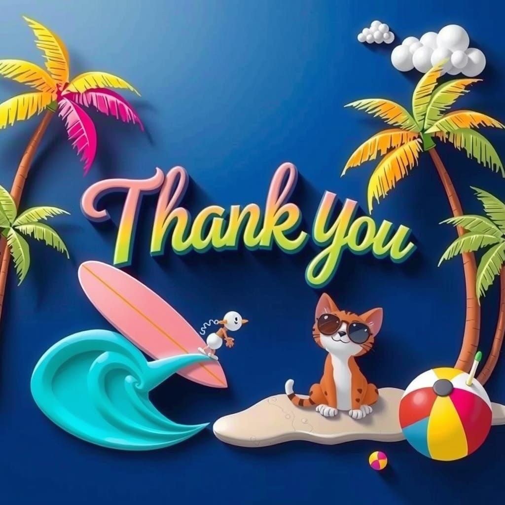 Vibrant and playful raised text that says "Thank You" set against a subtly textured backdrop in a whimsical, multi-color...