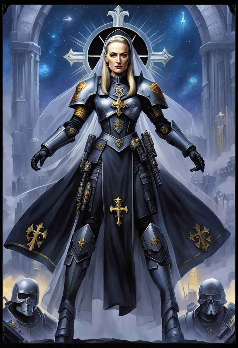 Futuristic Soldier Nun in Warhammer 40k Style