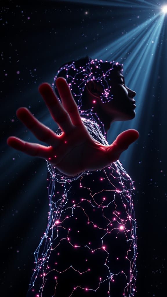 Cosmic Figure Reaching Out: A Surreal Portrait