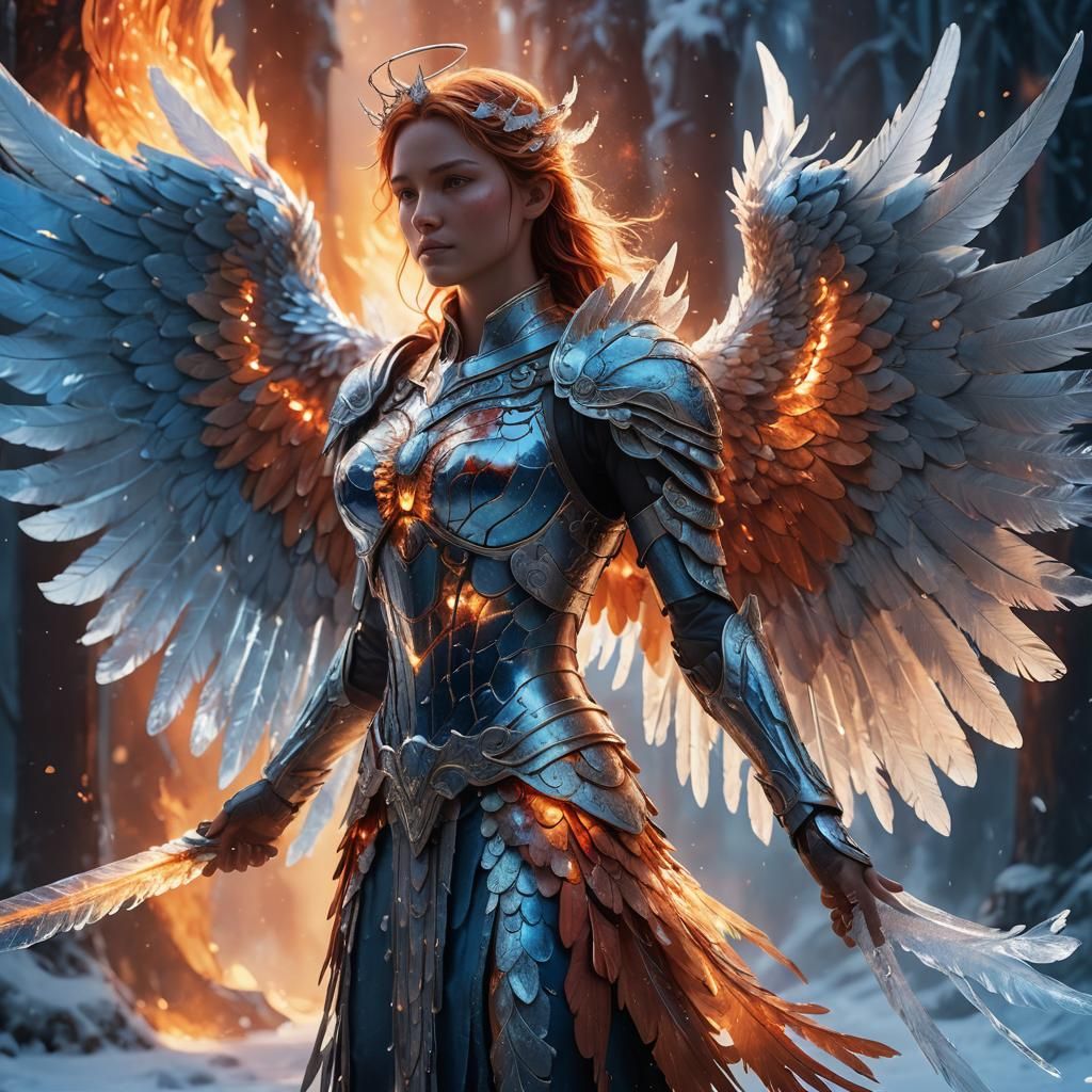 angel with one wing made of ice. one wing made of fire