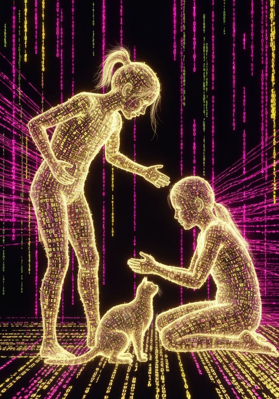 Children and Cat Formed from Matrix-Style Code