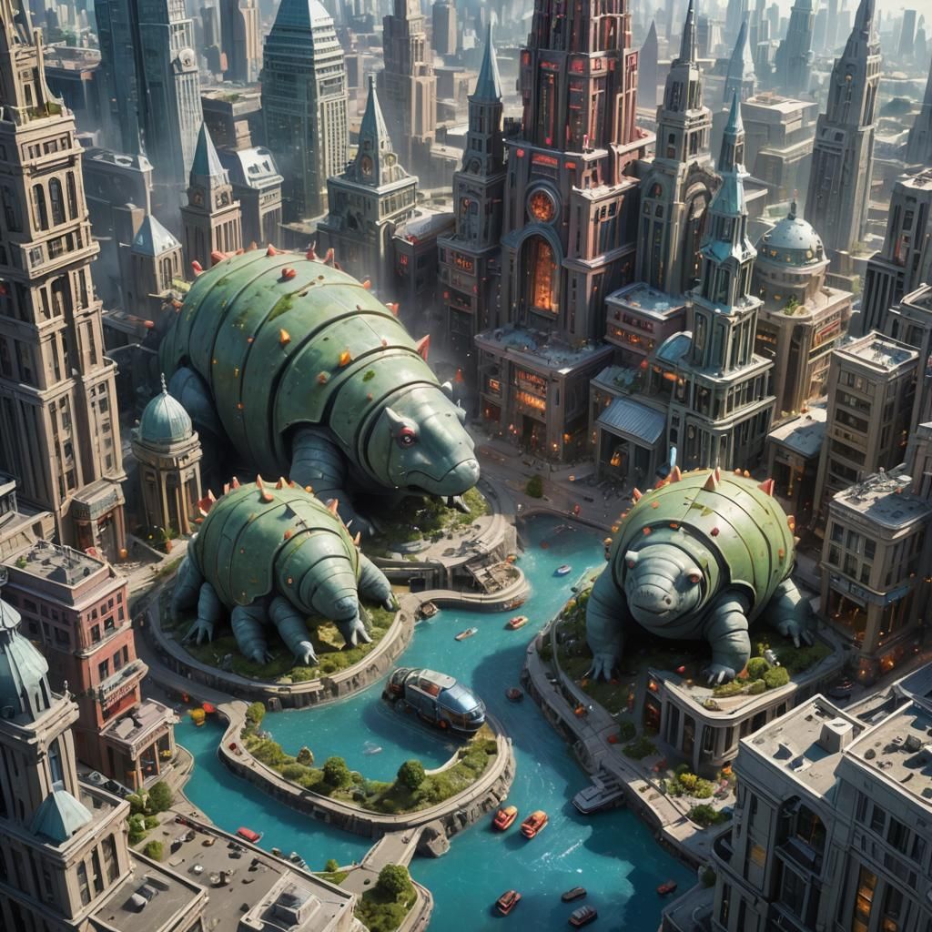 Retrofuturistic City Under Siege by Cute Tardigrades