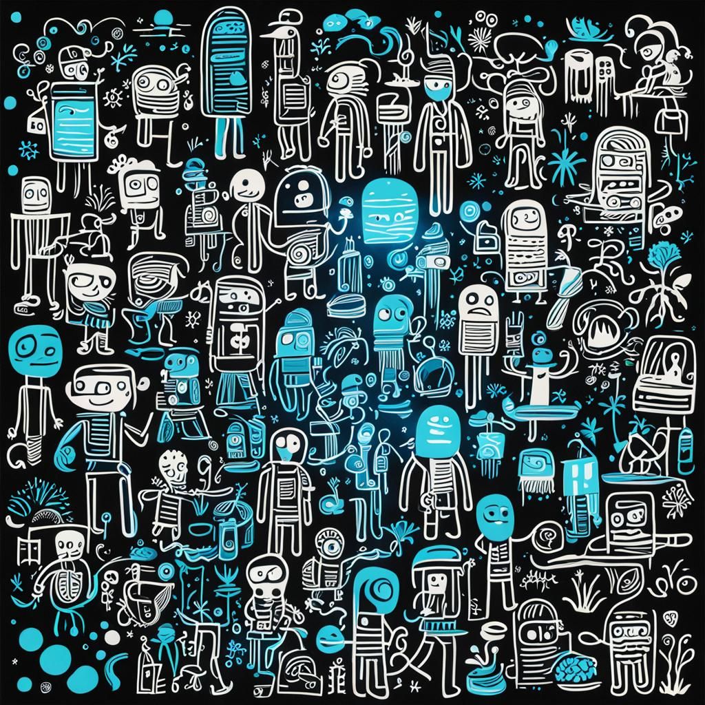 Bioluminescent Stick Figures in Street Art Style