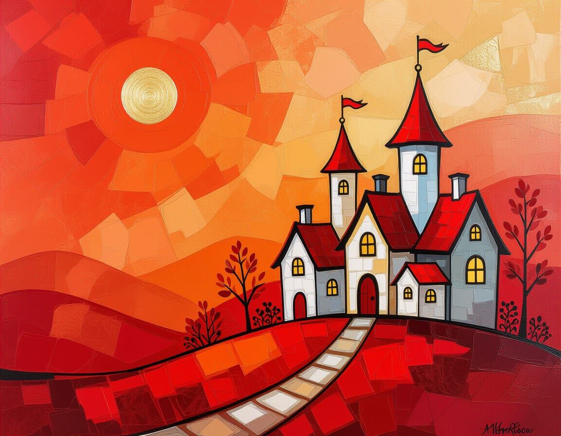 Encaustic Painting of a Whimsical Fairy Tale Village in Red ...