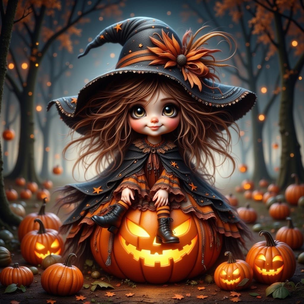 Whimsical Wizard on Pumpkin in Starry Field