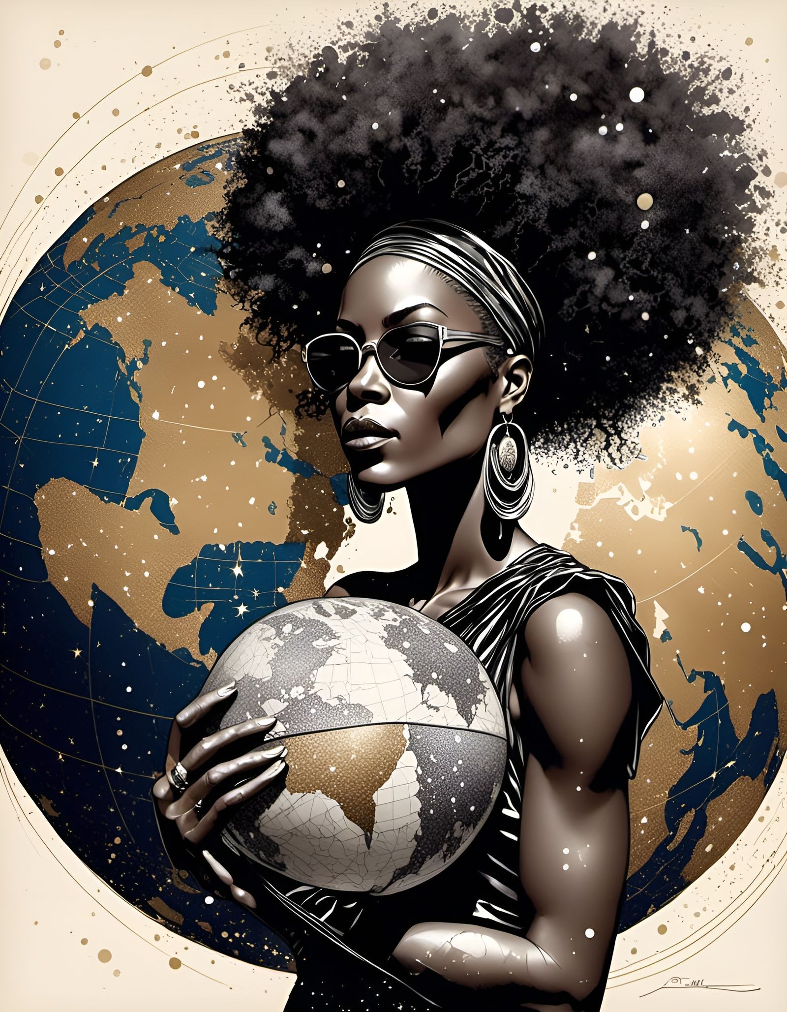 Black Woman with Globe Afro, Abstract Ink Drawing