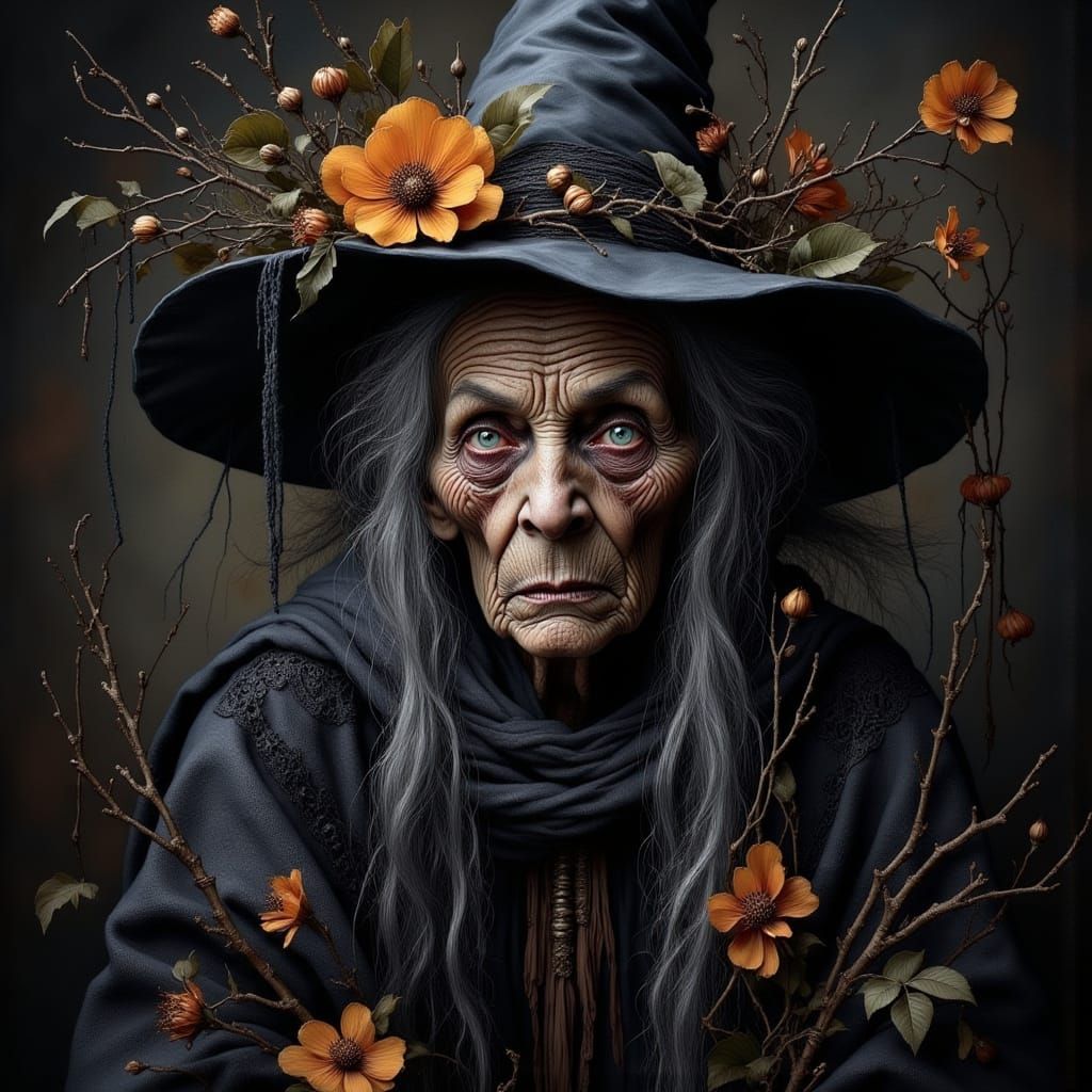 Elderly Witch in Lace Gown with Floral Details