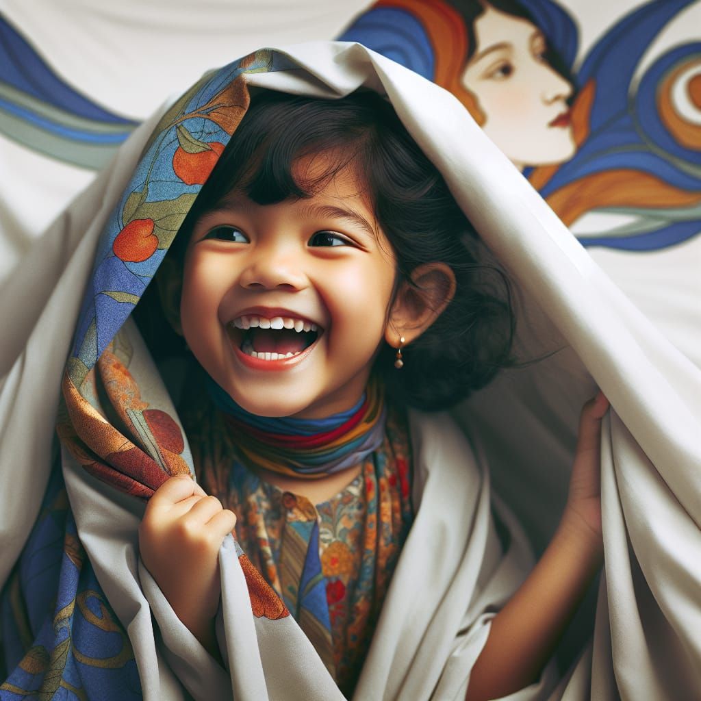Girl Imitates Art Nouveau Style with Bed Sheets
