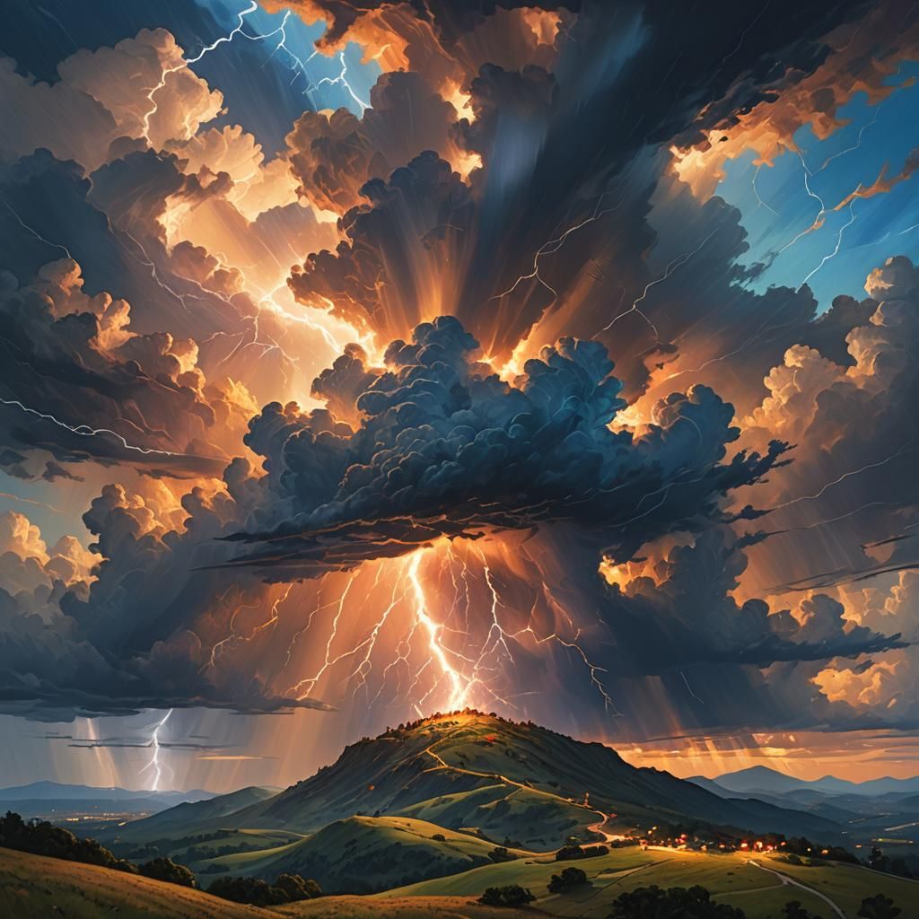 Hyperrealistic Lightning Strikes Hill in Oil Painting Style