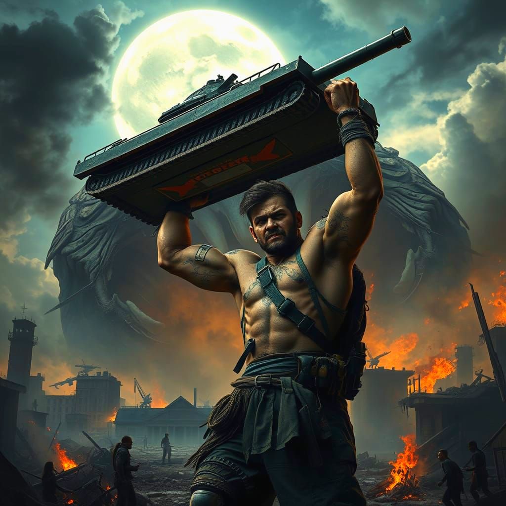 Heroic Warrior Holds Tank Above Ruins, Tiger's Roar Echoes i...