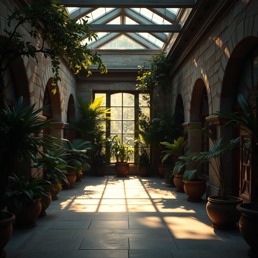 Golden Atrium Oasis with Soft Light and Shadowy Greens