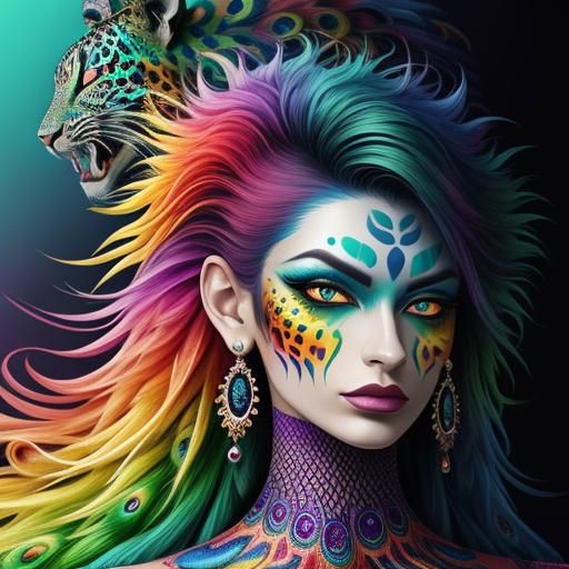 Rainbow Dragon Scale Woman with Peacock Hair