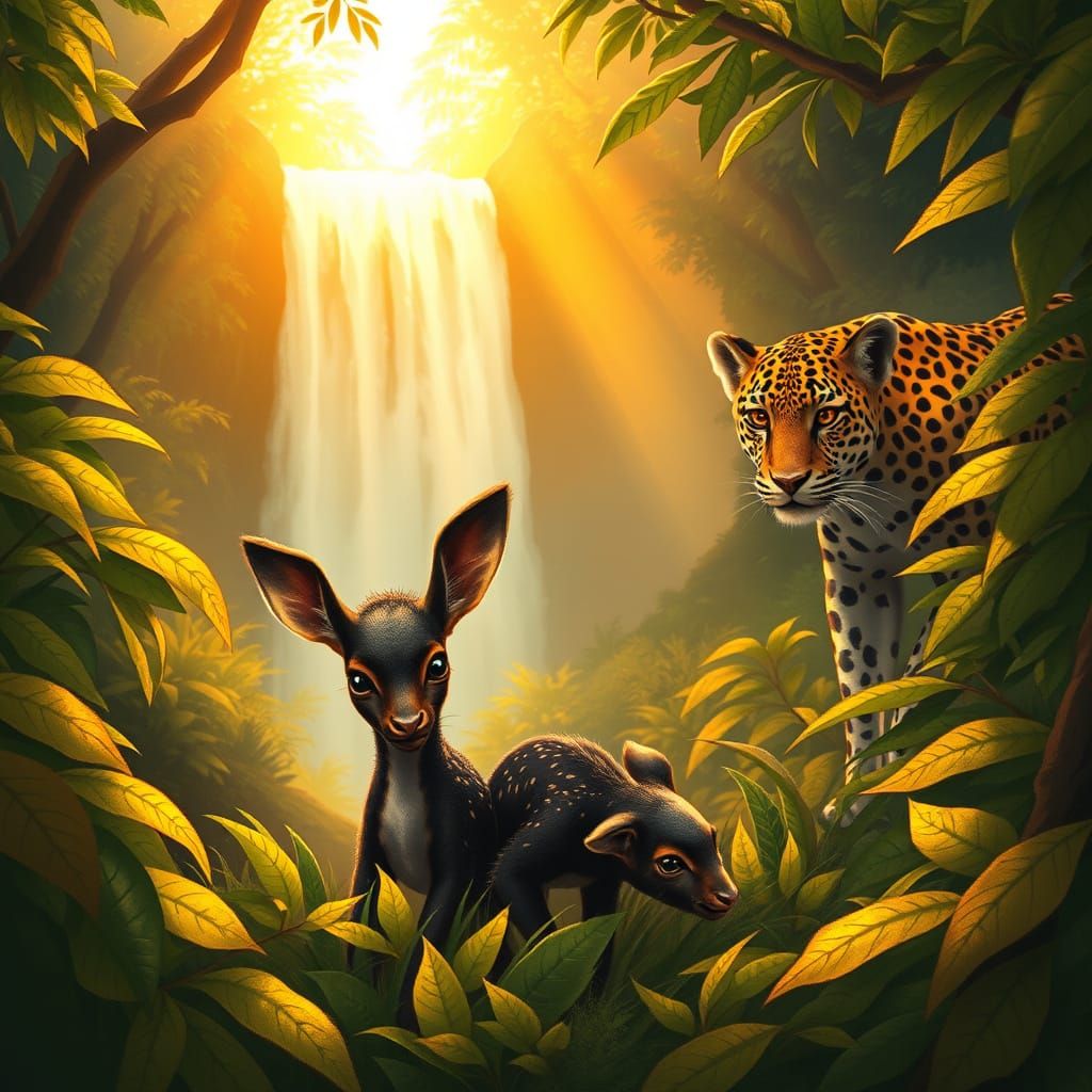 Okapi Illustration in Rainforest, Arthur Rackham Style