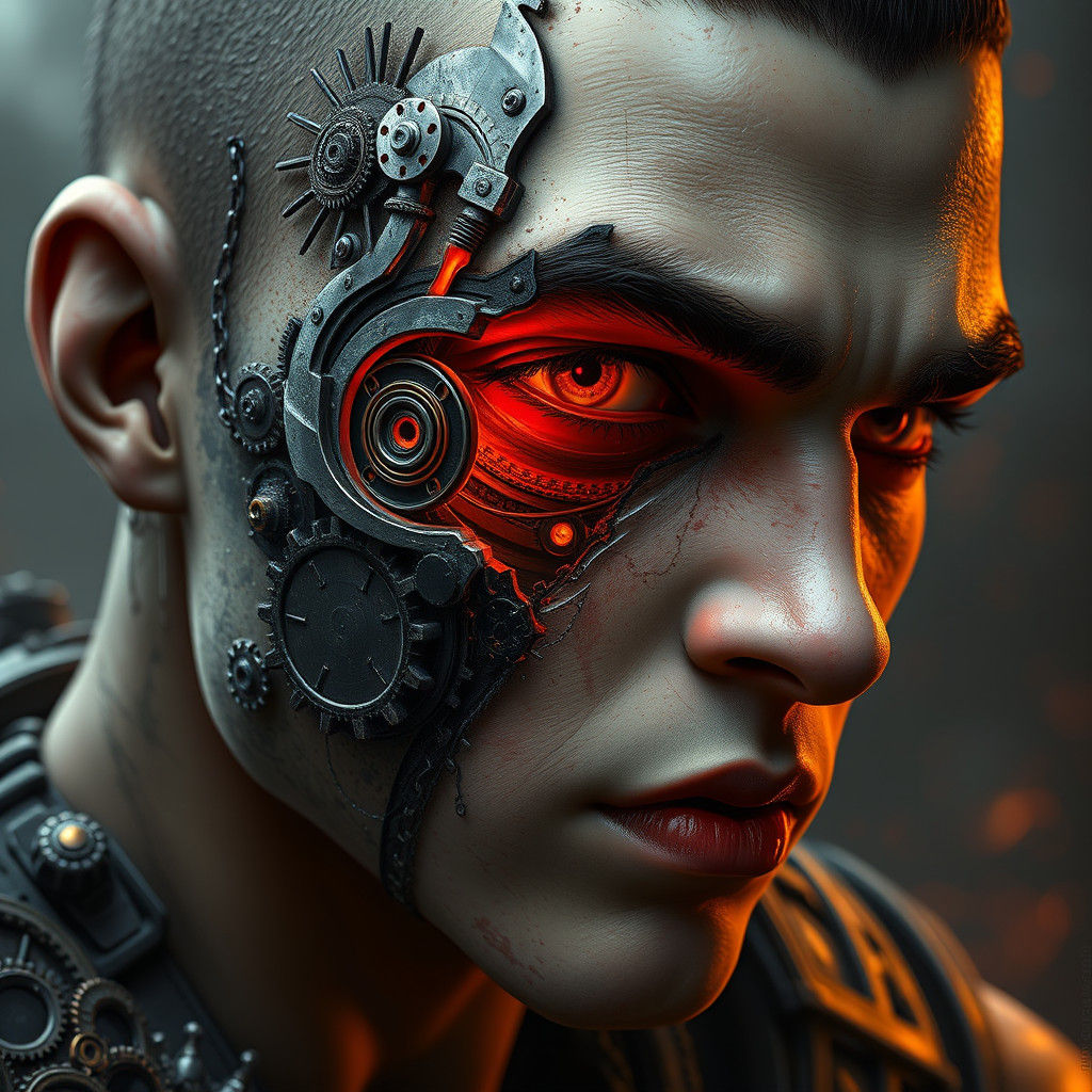Biomechanical Warrior with Clockwork Gears in Dark Industria...