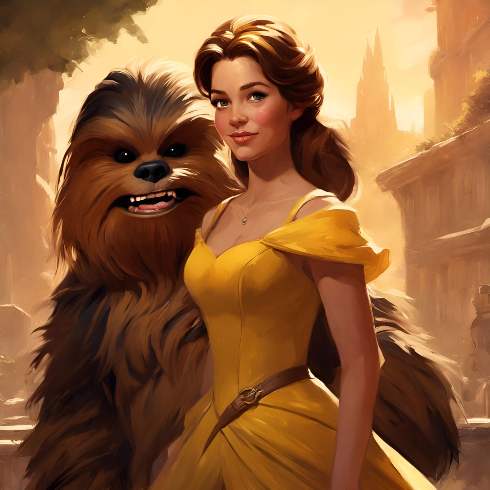 Belle and Chewbacca Portrait in Painterly Style