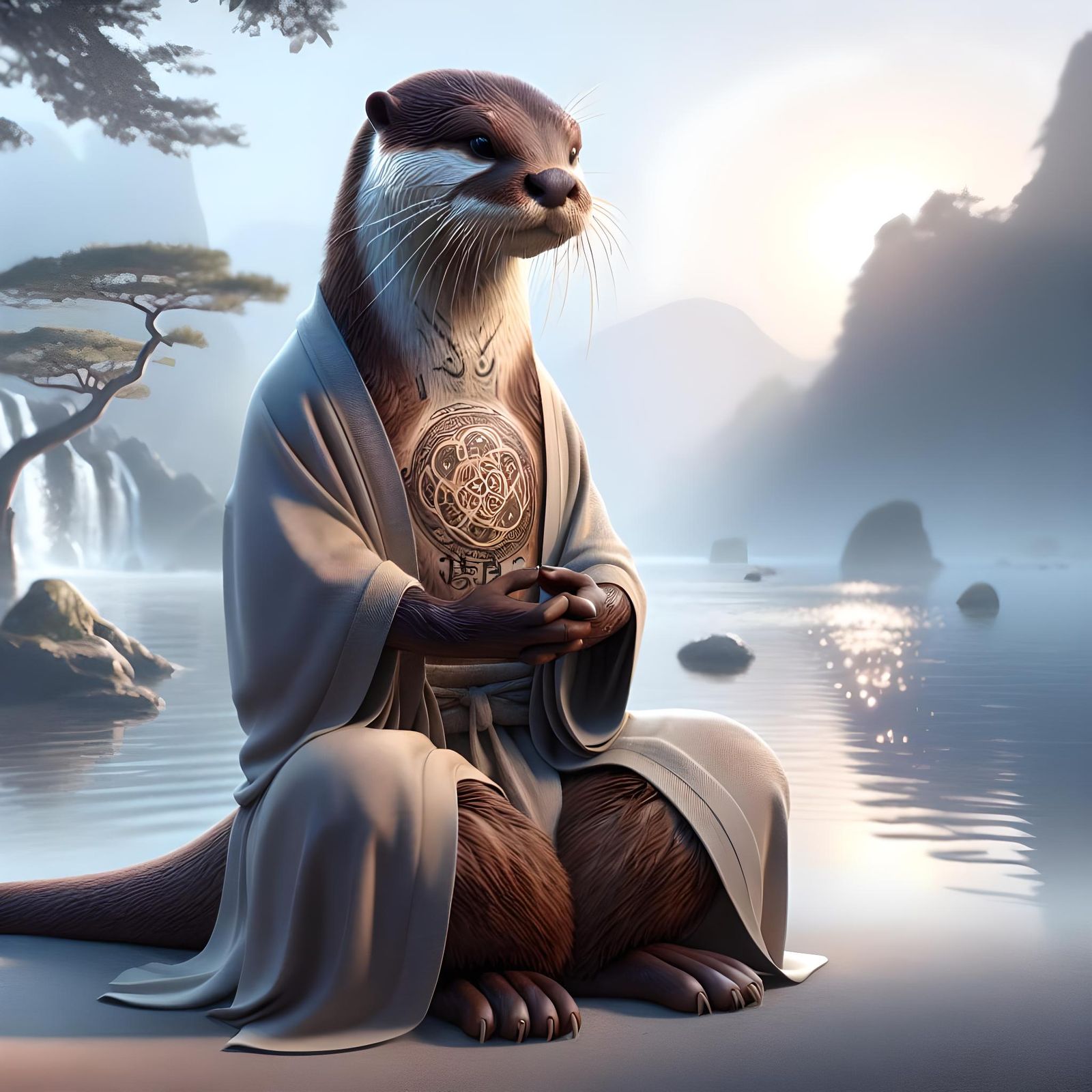 Otter Monk Meditating by Tranquil Lake