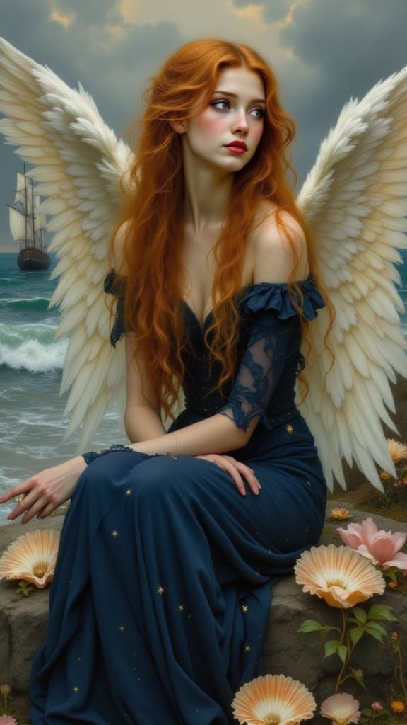 Pre-Raphaelite Angel by Stormy Sea