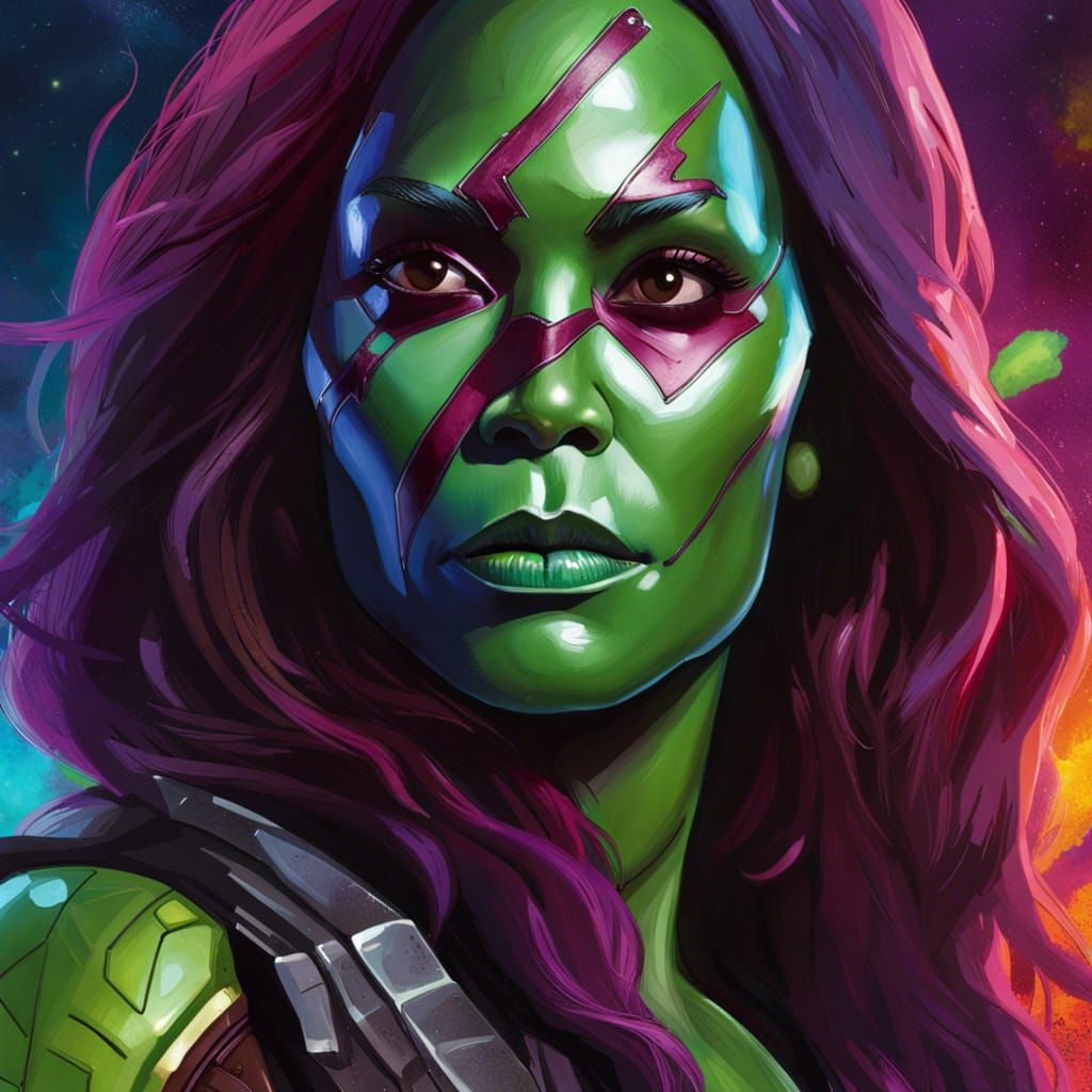 Hyperrealistic Gamora Portrait in Splash Art Style