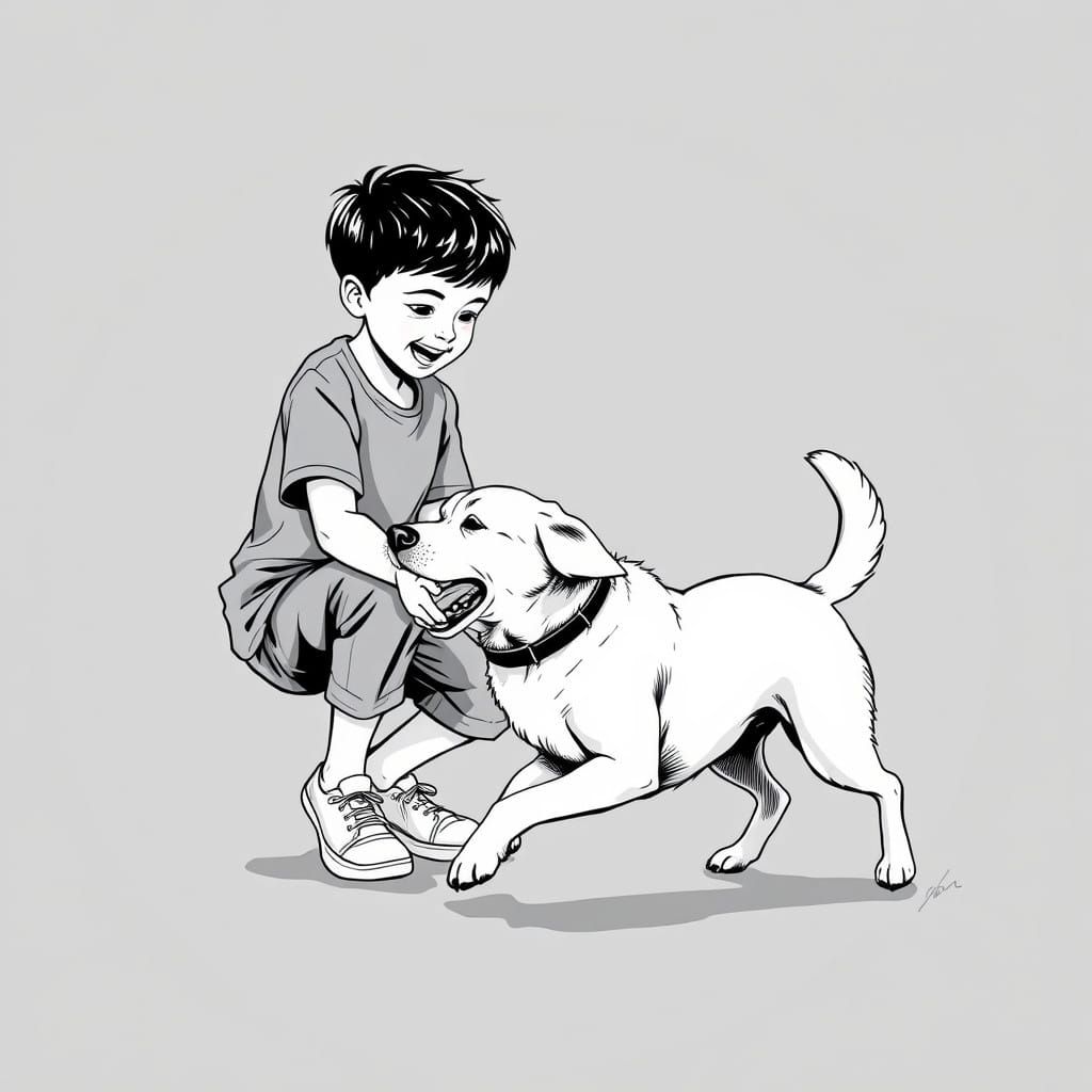 Boy at Play with a Companion in Monochromatic Scratchboard S...