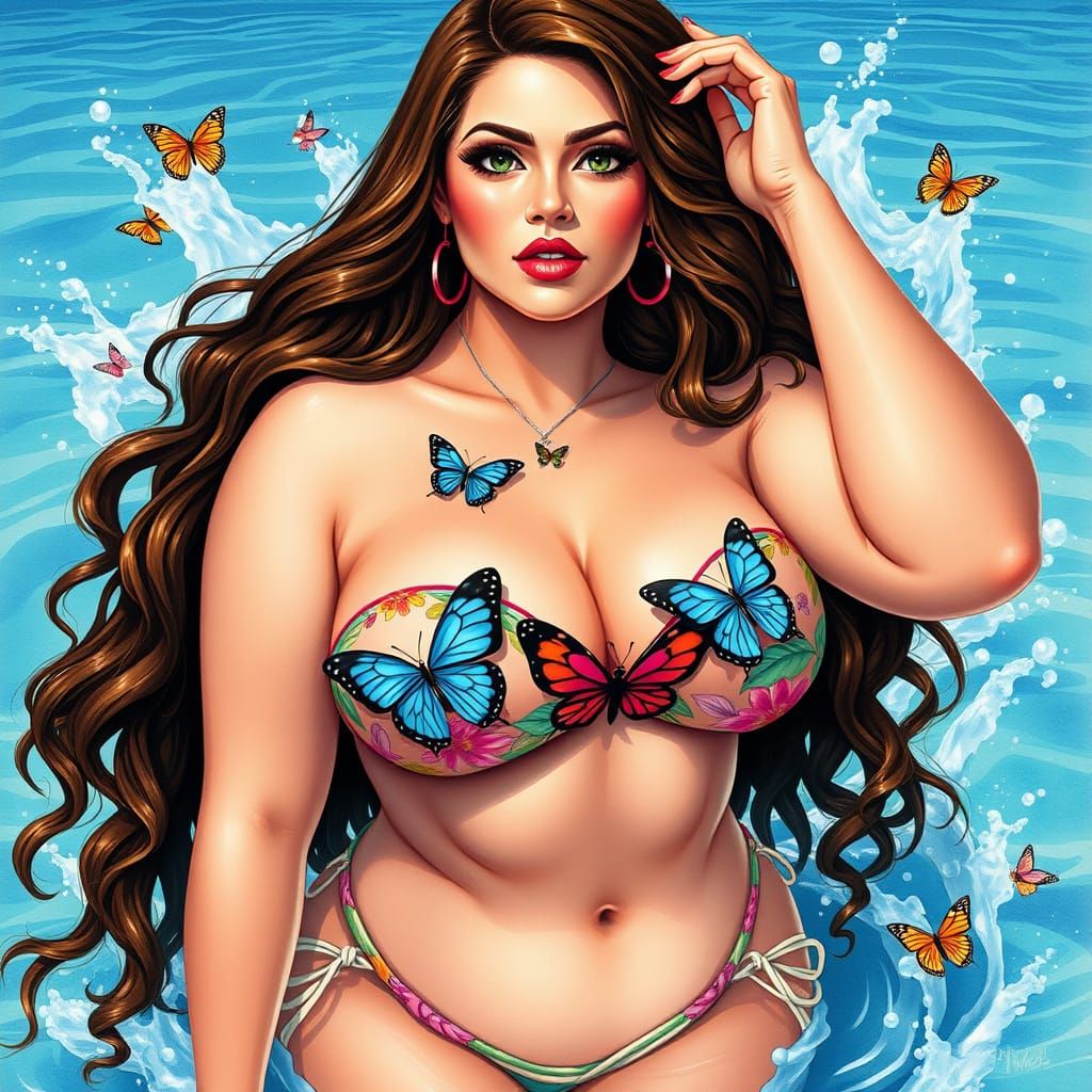 Confident Plus-Size Pin-Up Beauty in Vibrant Bikini