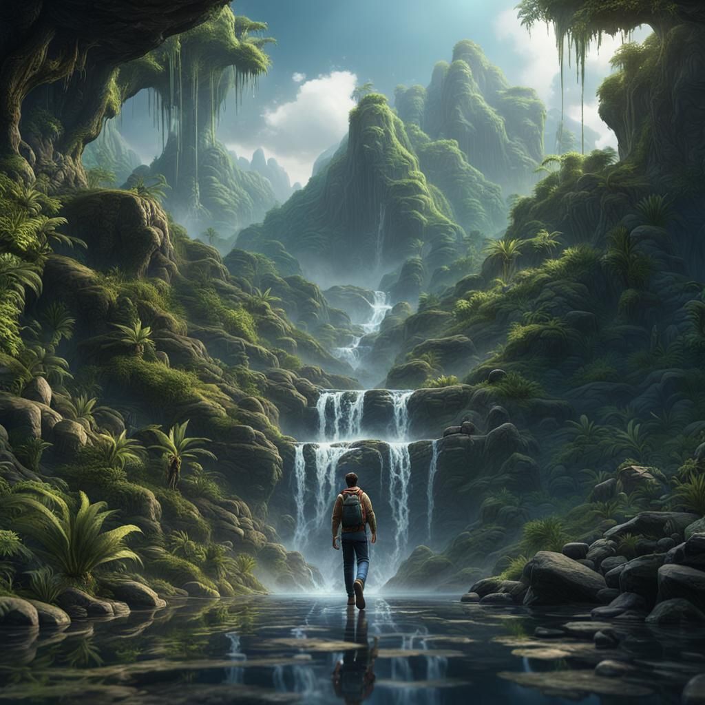 Hiker Ascends Jungle Stream in Detailed Matte Painting