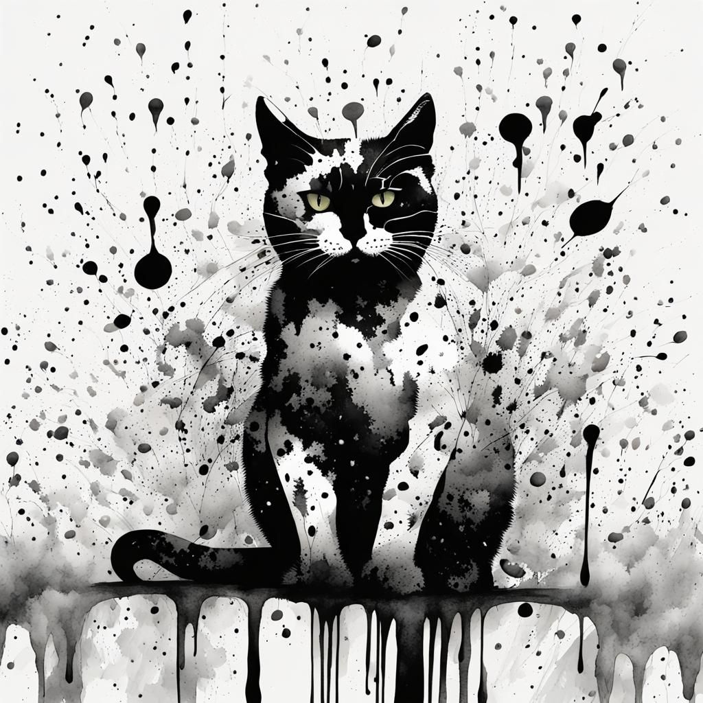 Monochrome Cat in Rain with Ink and Watercolor
