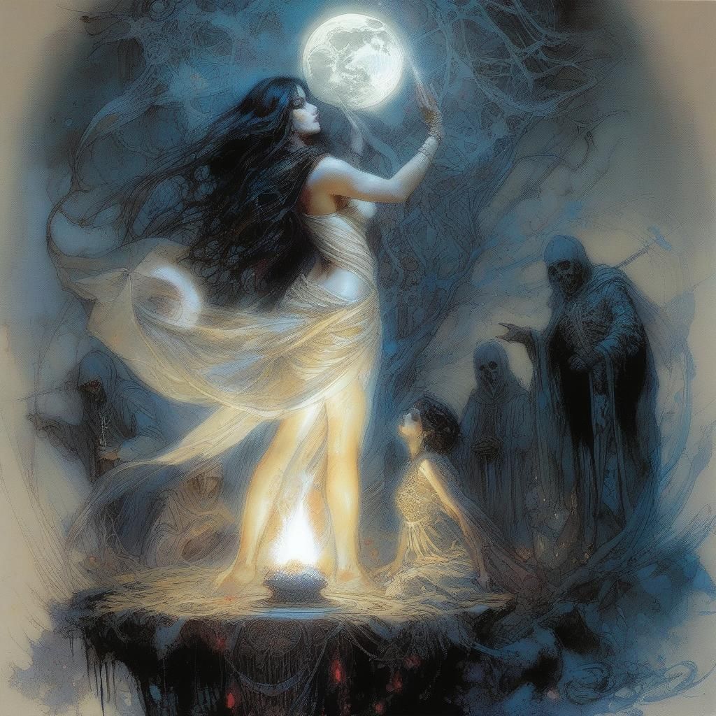 Ornate Priestess Summons Dead in Dark Fantasy Ritual