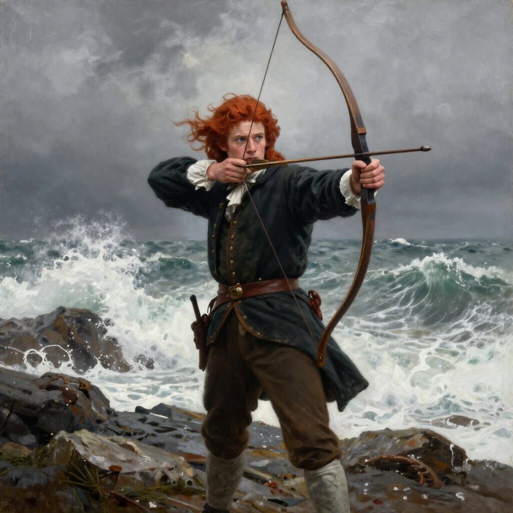 Irish Archer on Stormy Coastline Oil Painting