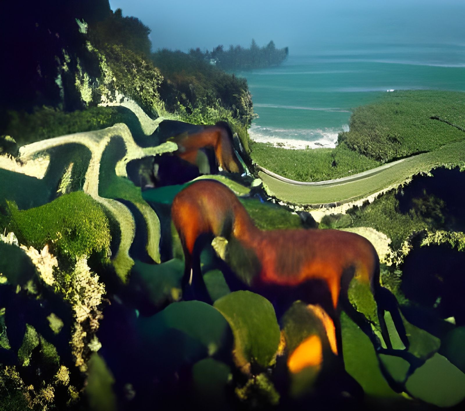 Wild Horses Near Maze and Ocean in Autochrome