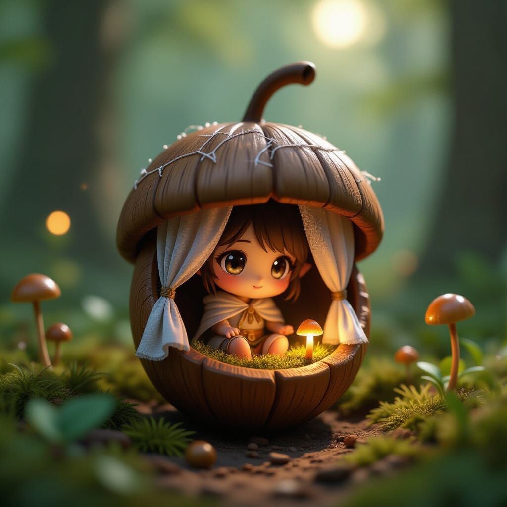 Tiny Fae Homes in Acorns, Detailed 3D Anime Style