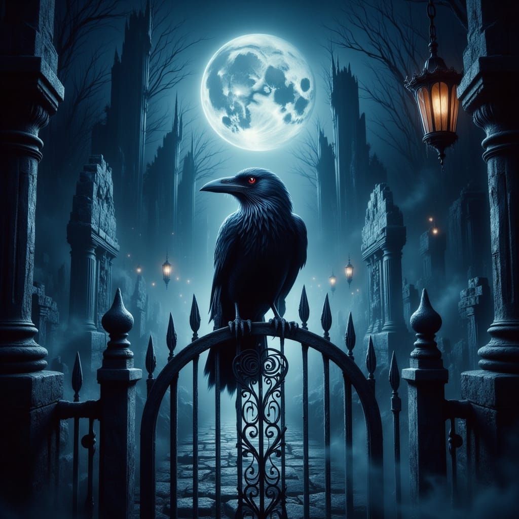 Raven on Ornate Gate in Moonlit Mist, Neo-Impressionist Oil ...
