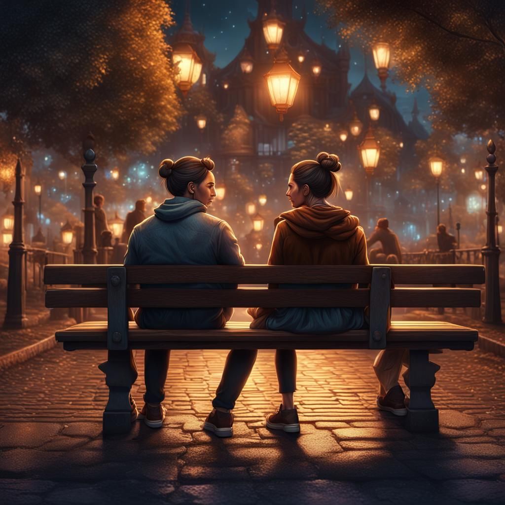Romantic Couple on Bench at Night, Detailed Matte Painting