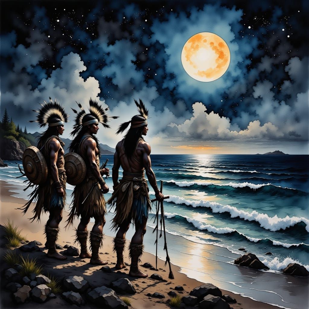 Native Americans by the Ocean in Water Ink Style