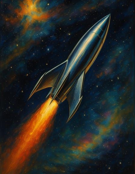 1950s Sci-Fi Rocketship in Space, Oil Painting