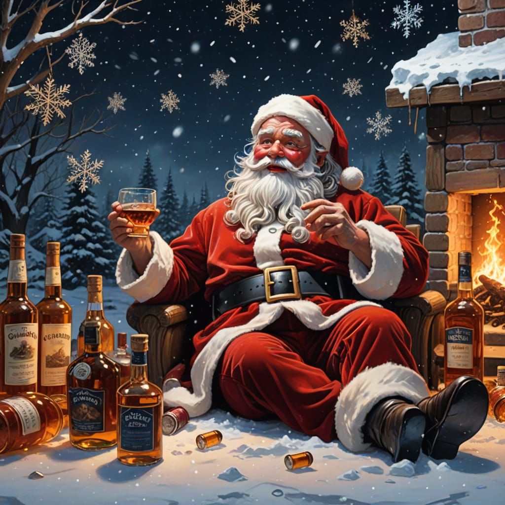 Drunk Santa Claus in Snow with Whiskey Bottles