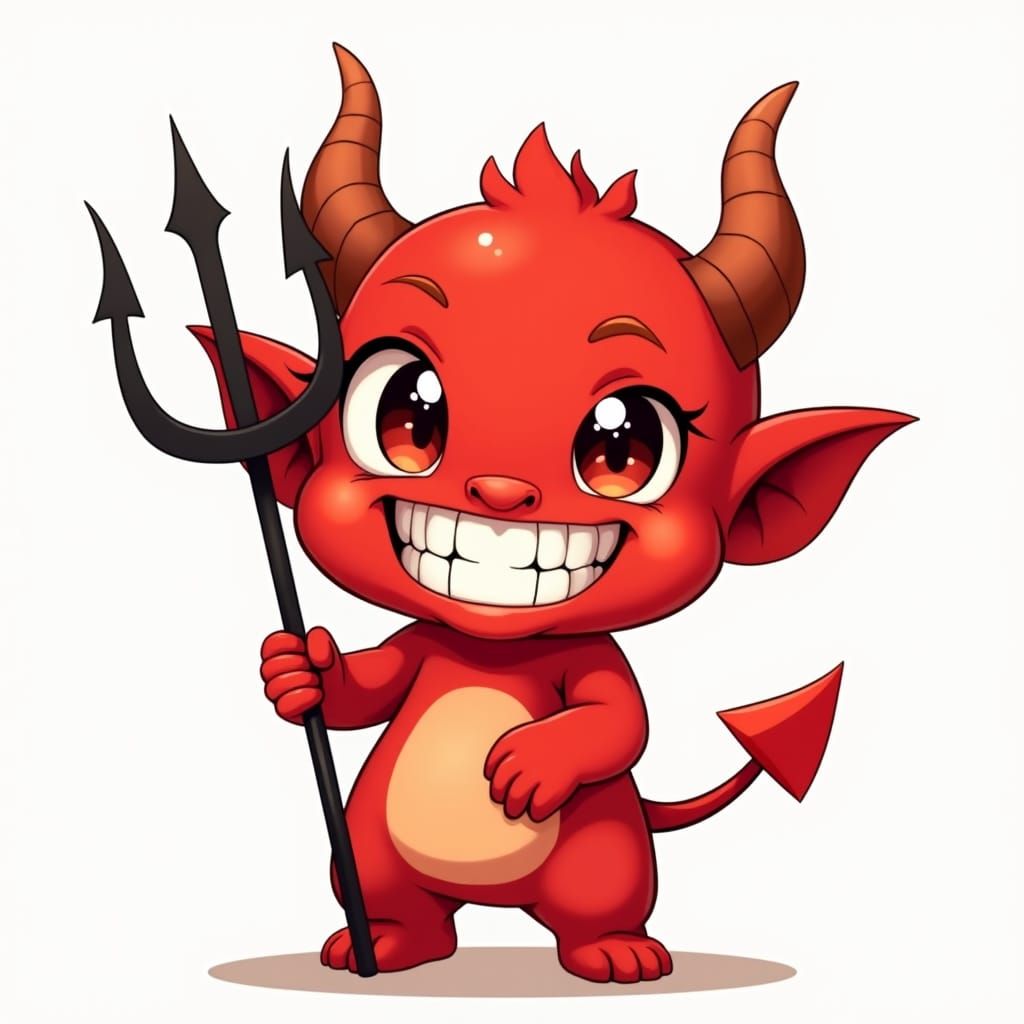 Playful Red Demon with Trident in Manga Style