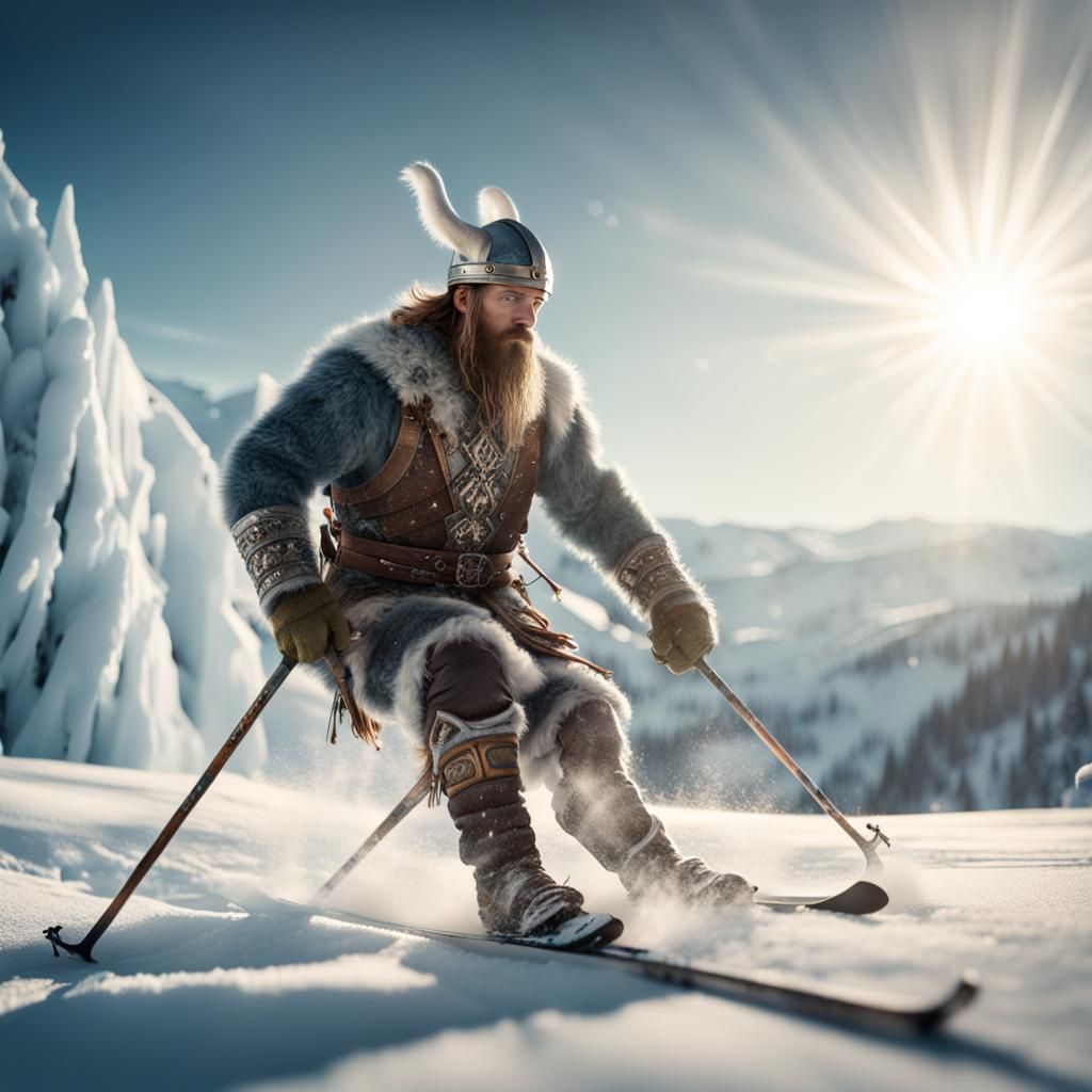 Viking Skier in Sunny Norwegian Winter Landscape