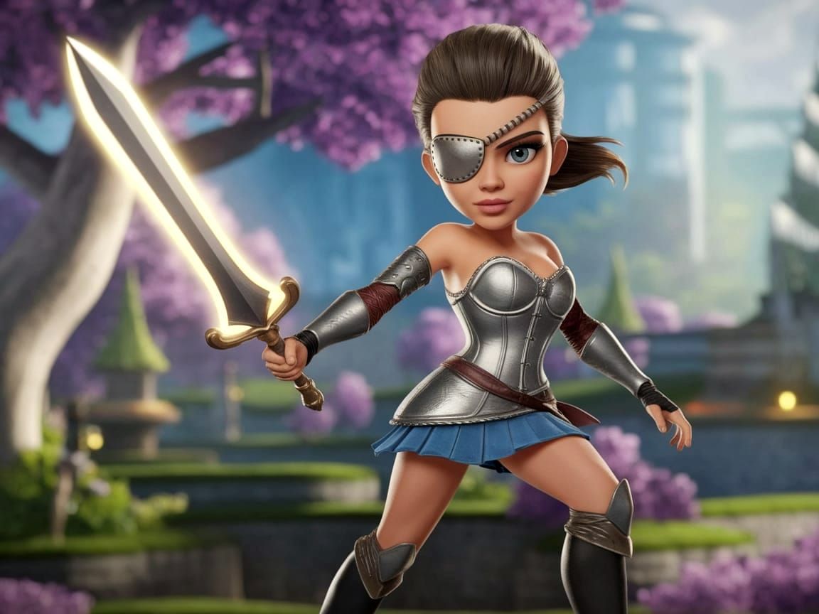 Gorgeous One-Armed Warrior in Whimsical Game Landscape