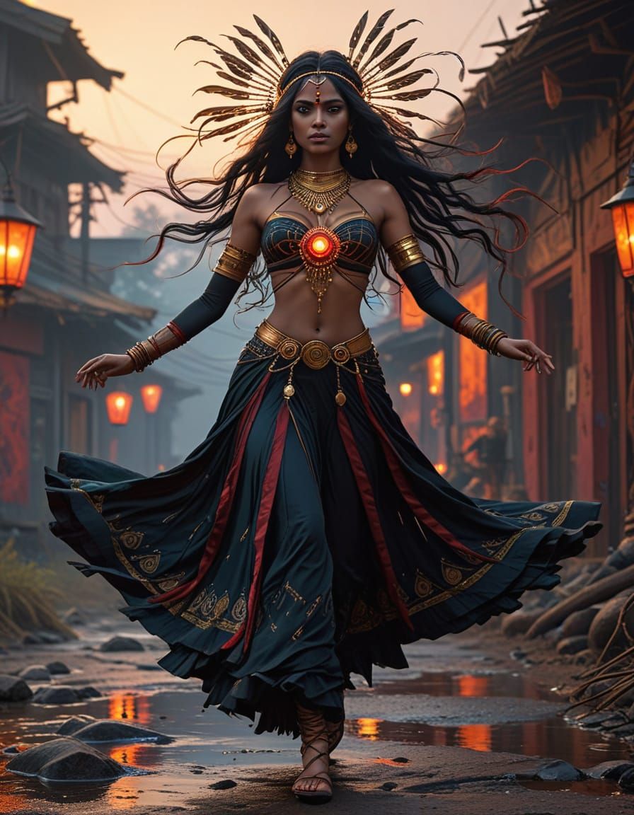 Joyful witch dances beneath the setting sun