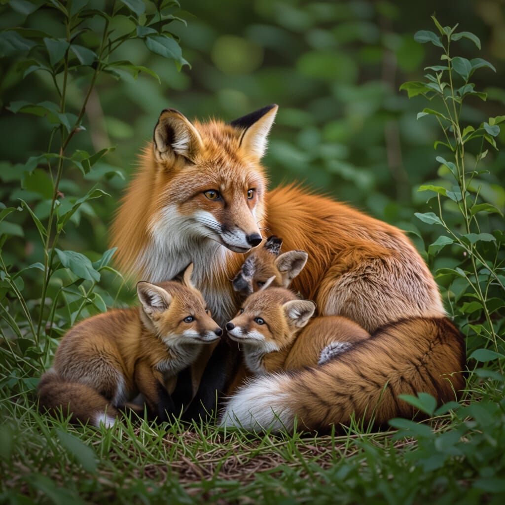 Fox Family Scene in Lush Forest