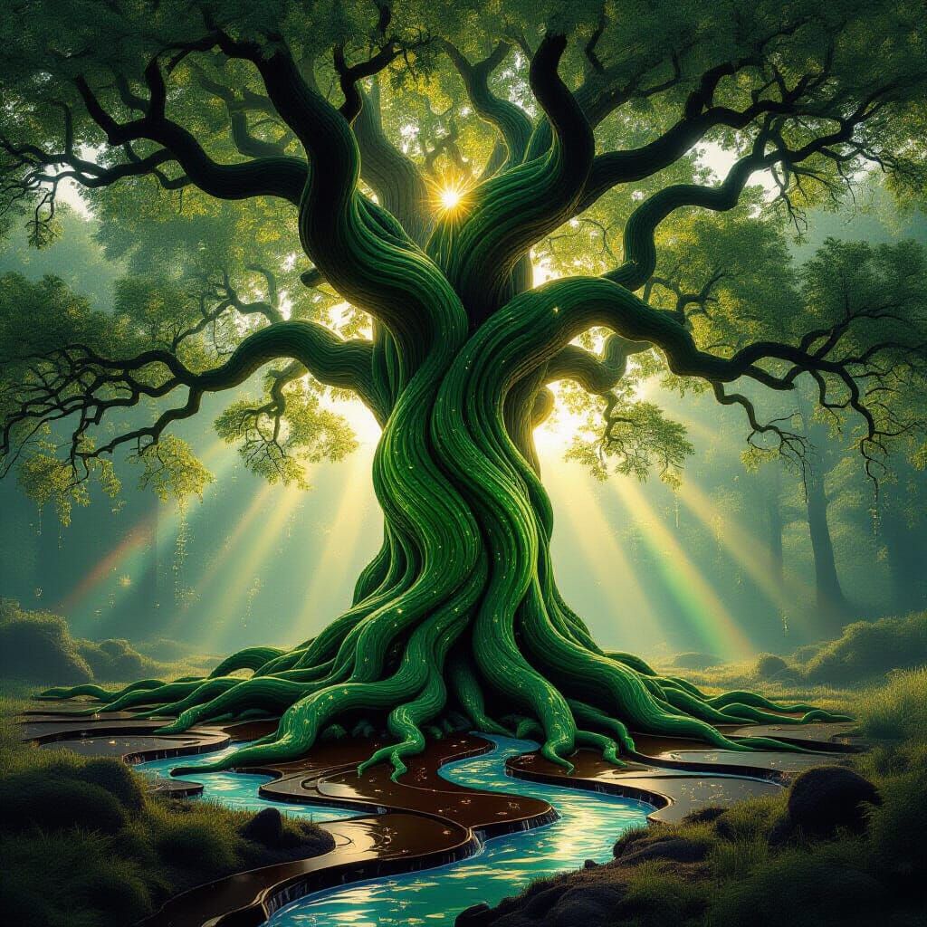 Emerald River Oak Tree in Surreal Woodland Glade
