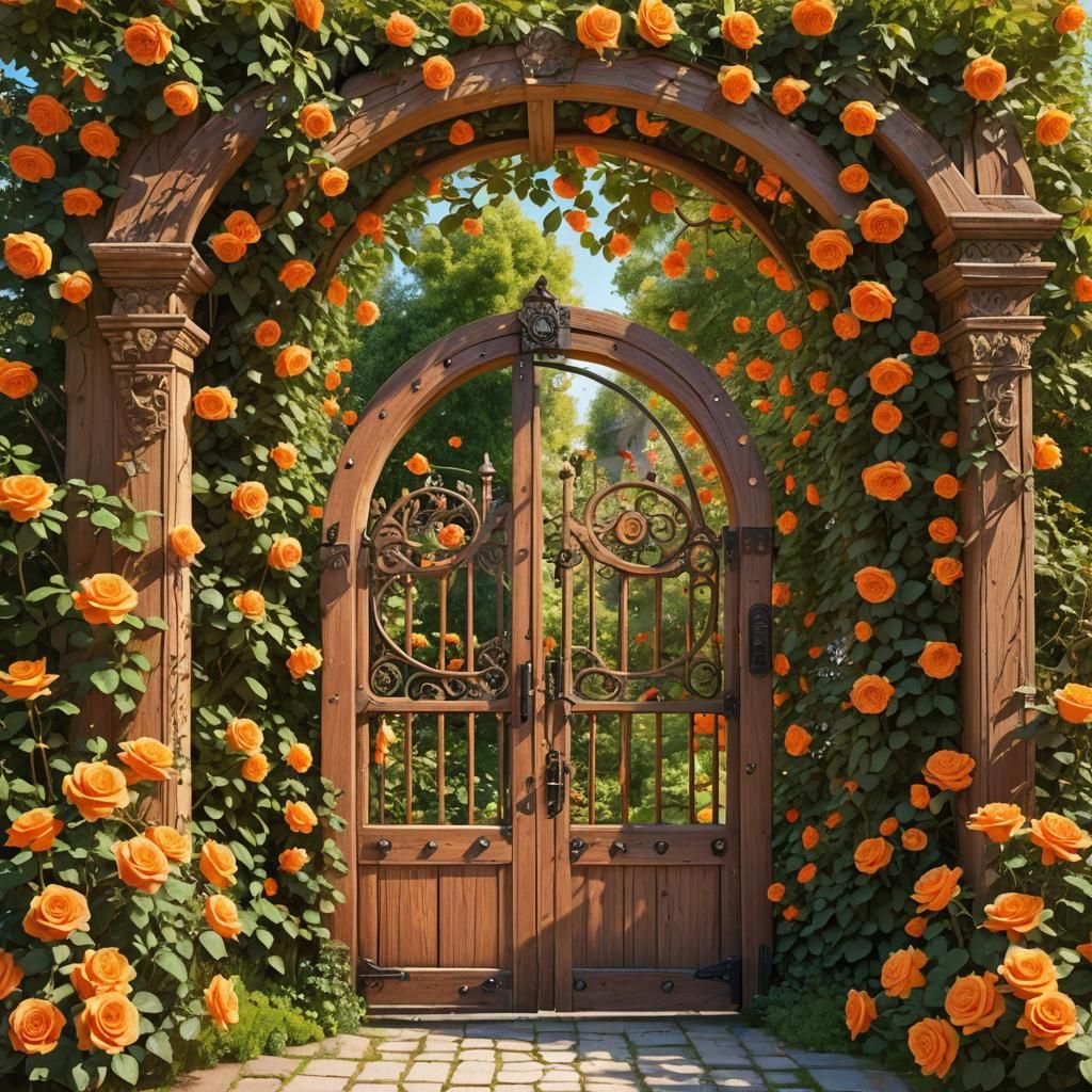 Orange Rose Garden Gate in Summer Sunshine