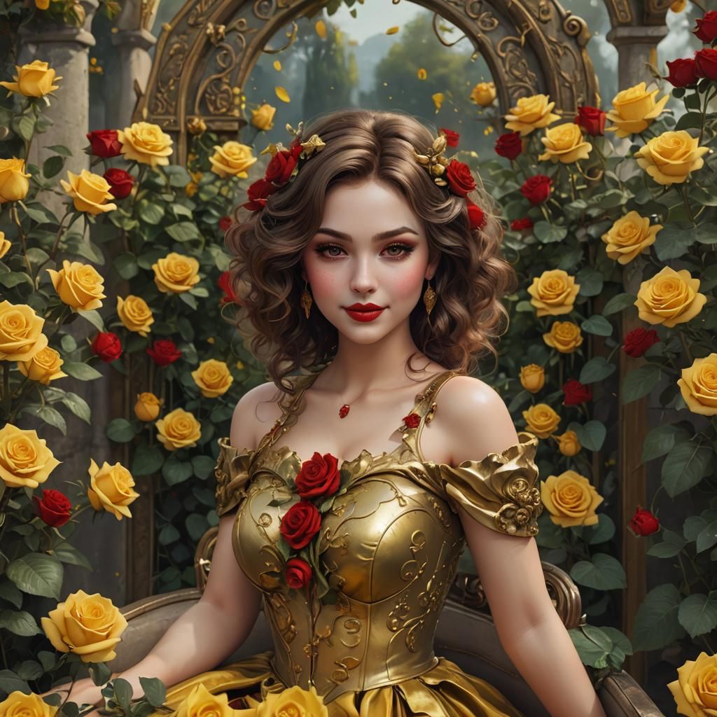 Beautiful Woman in Yellow Rose Garden: Matte Painting