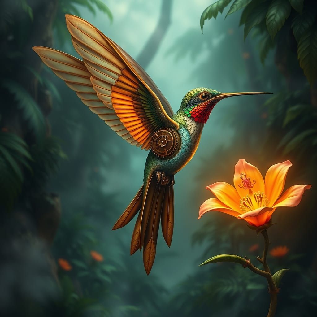 Steampunk Hummingbird with Bioluminescent Flower, Art Nouvea...