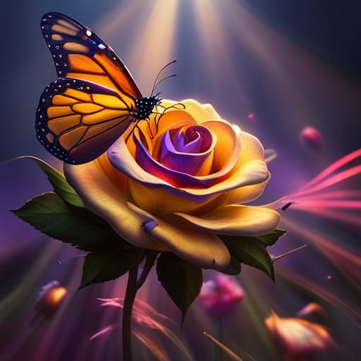 Golden Rose with Butterfly in Fantasy Art Style
