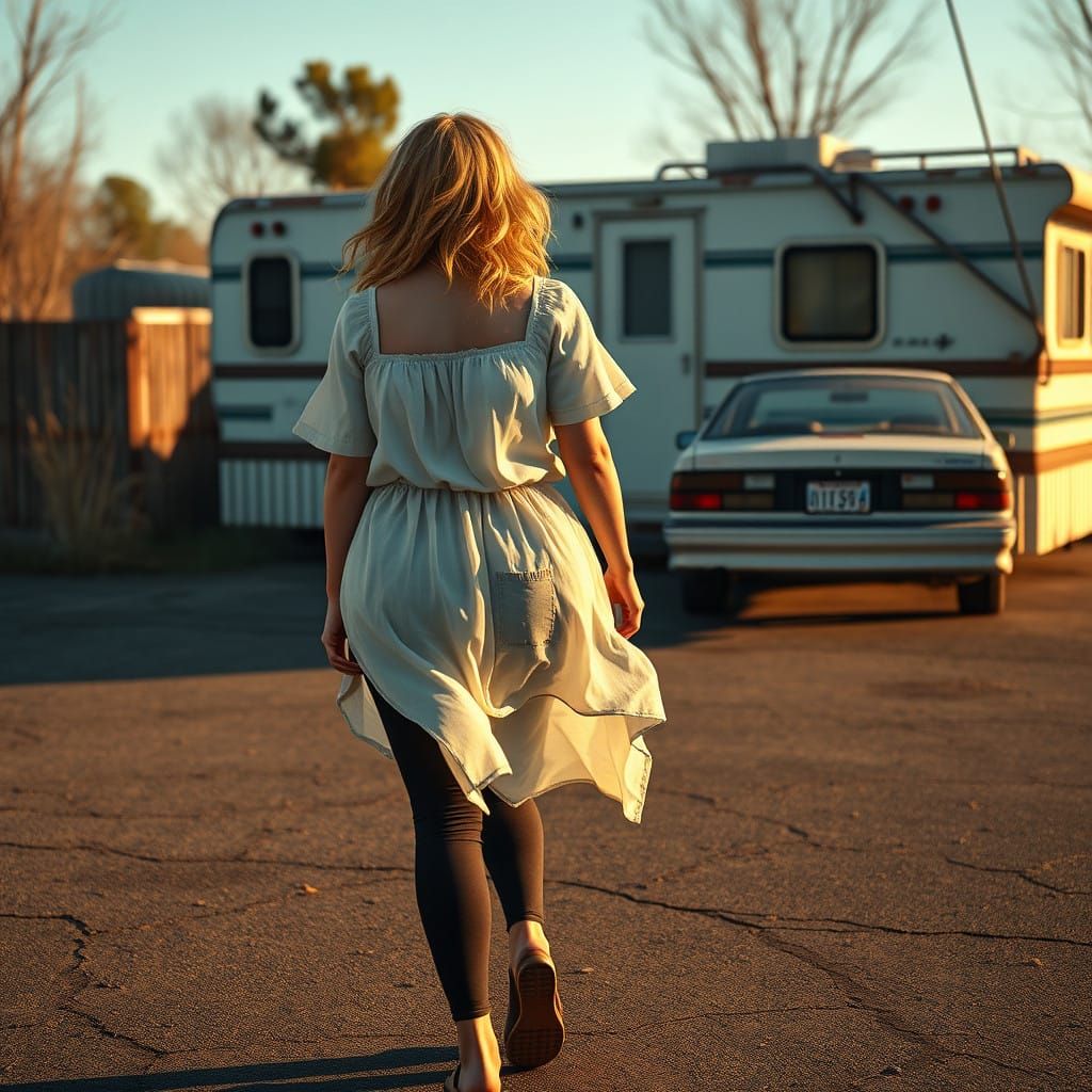 Young Chubby Woman Walks Towards a Classic Minivan in a Weat...