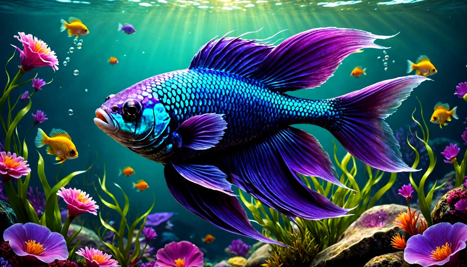 Purple Mermaid Betta Fish in Whimsical Ocean Garden