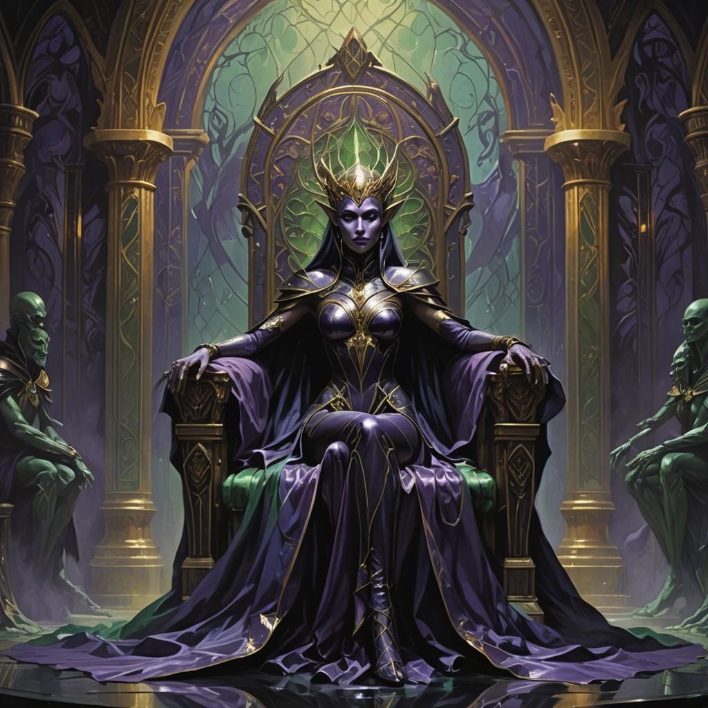 Dark Elf Priestess on Throne in Art Nouveau Style