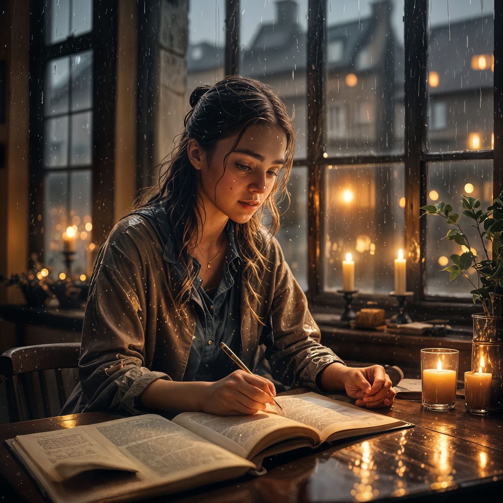 Girl Studies by Candlelight in Rainy Weather